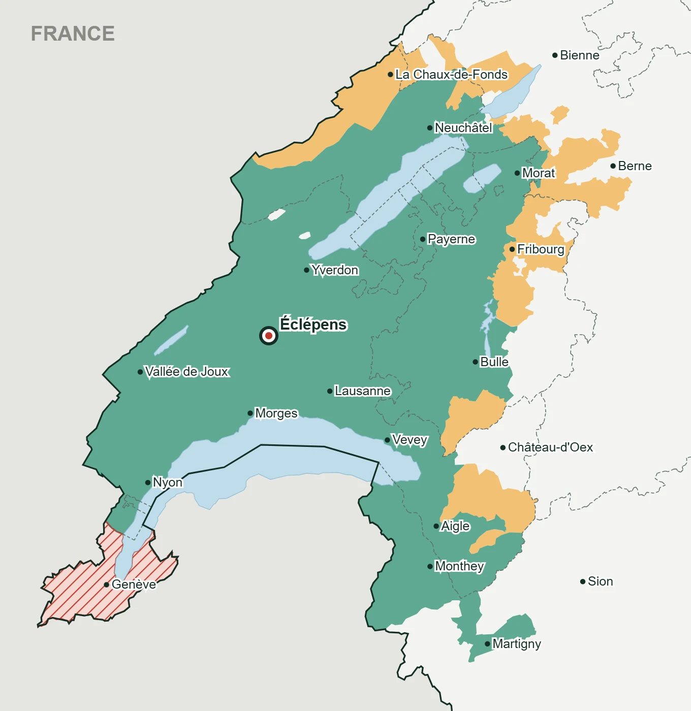 Carte de la zone d'intervention de Green Pulse autour d'Éclépens